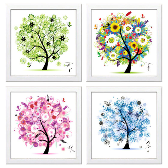 ID:227 - 5D鑽石繪畫充滿鑽石在客廳的春季，夏季，秋季和冬季四個季節金錢樹簡單磚石十字跡2021新風格簡單